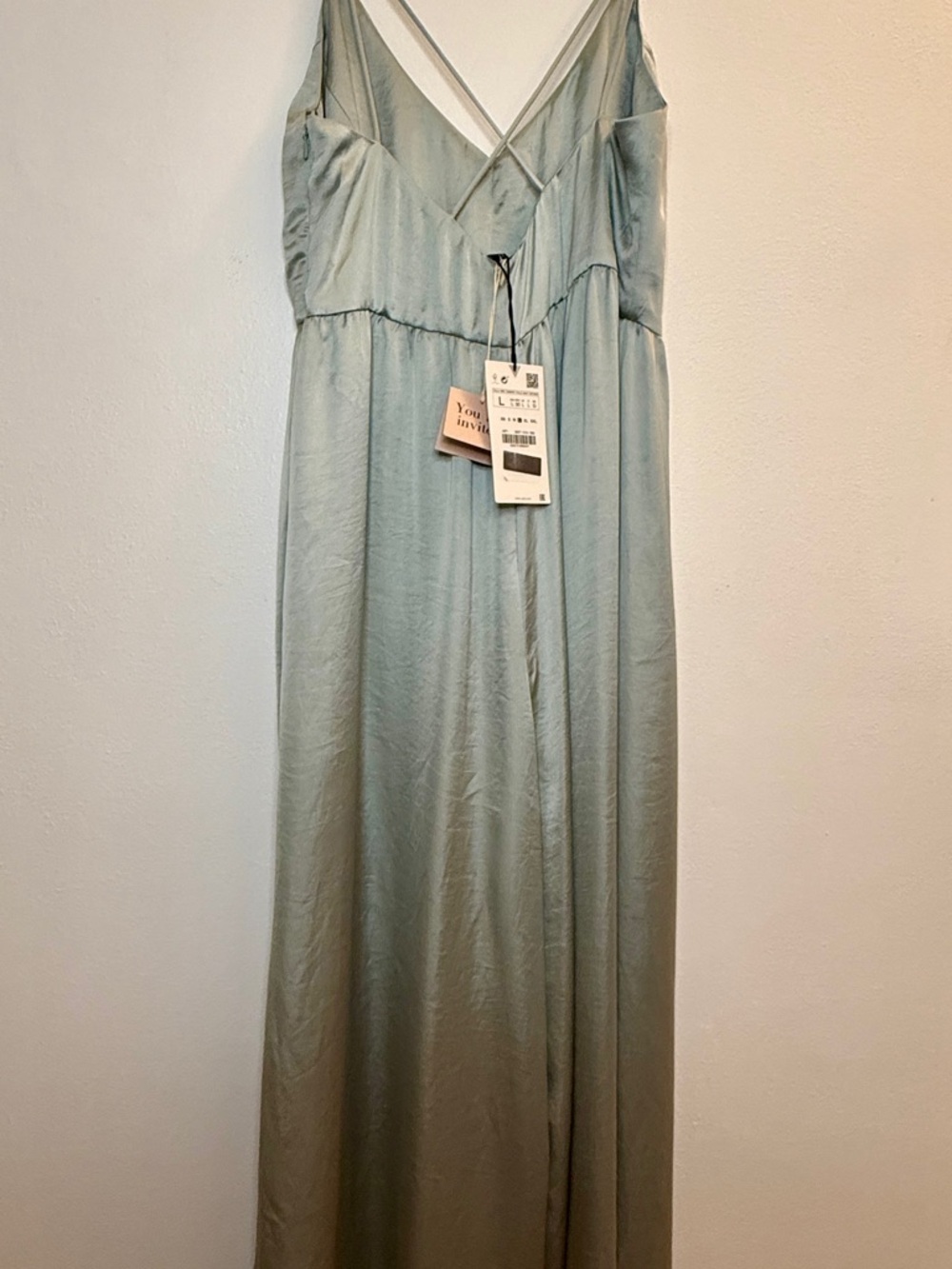 NWT Zara Pale Mint Satin V-Neck Spaghetti Strap Maxi Dress - Picture 4 of 6